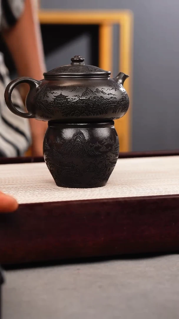 茶壶紫砂石黄 寒江 刻绘+山水杯