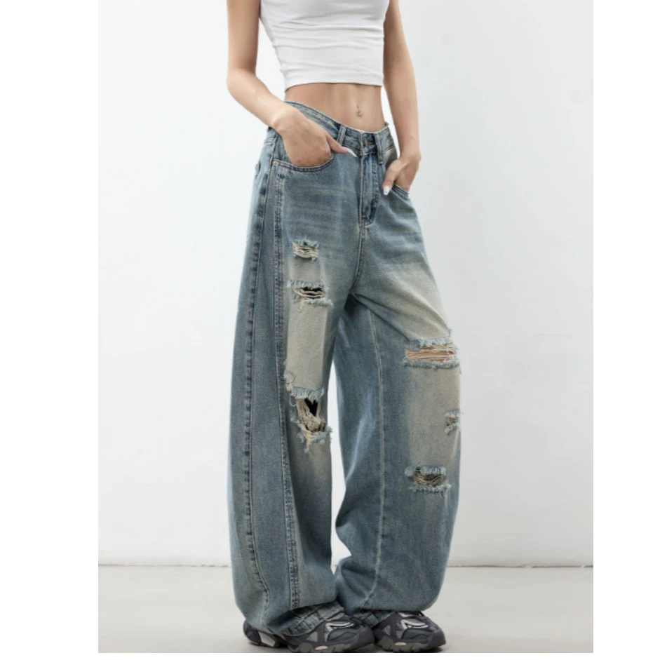 做旧水洗磨破设计感阔腿弯刀牛仔裤女2025夏季新款慵懒裤子1049#