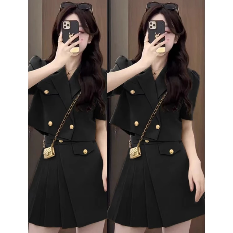 小香风短款西装半身裙套装裙女夏小洋装西服上衣高腰百褶裙两件套