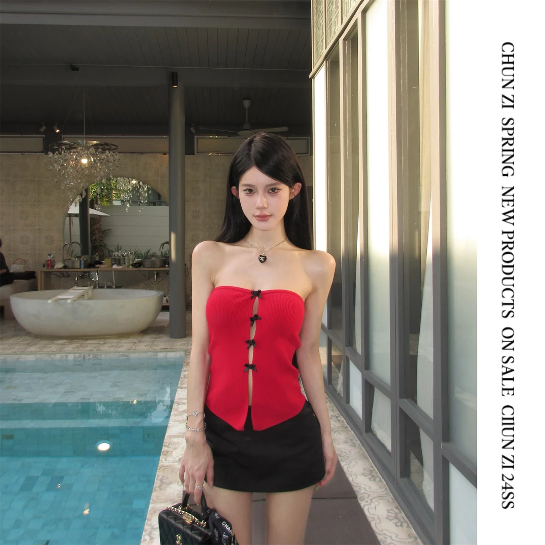 【CHUN ZI】法式红色毛织抹胸爱心领型水滴镂空俏皮少女上衣