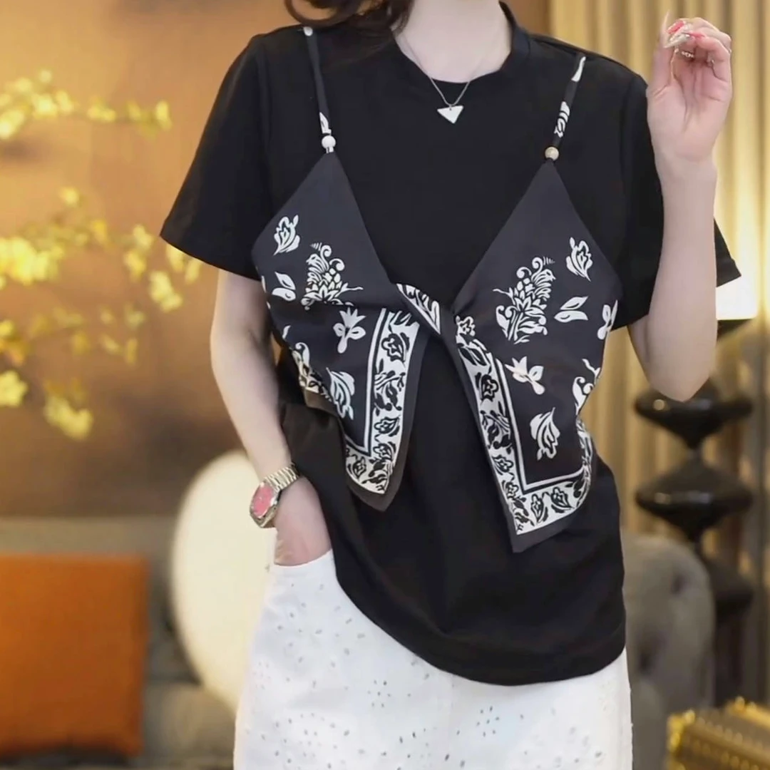 设计感时尚波西米亚风小丝巾假两件短袖T恤女2025夏季显瘦上衣