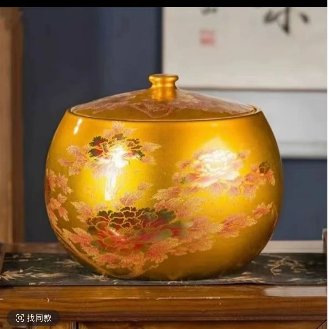景德镇陶瓷金色牡丹花储物罐米罐