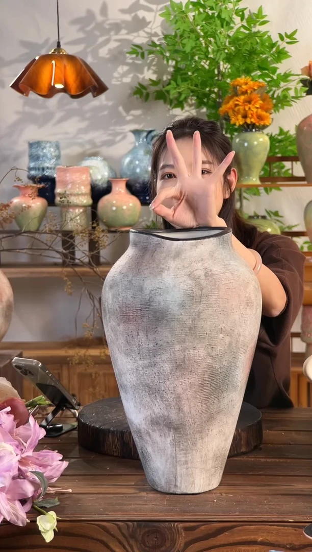 【复古红棕-旗袍大号】白色无孔陶瓷花瓶简约轻奢质朴装饰粗陶陶罐