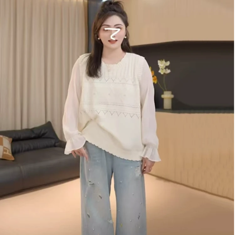 （507）大码法式假两件雪纺拼接针织衫女春季新款显瘦设计感上衣女