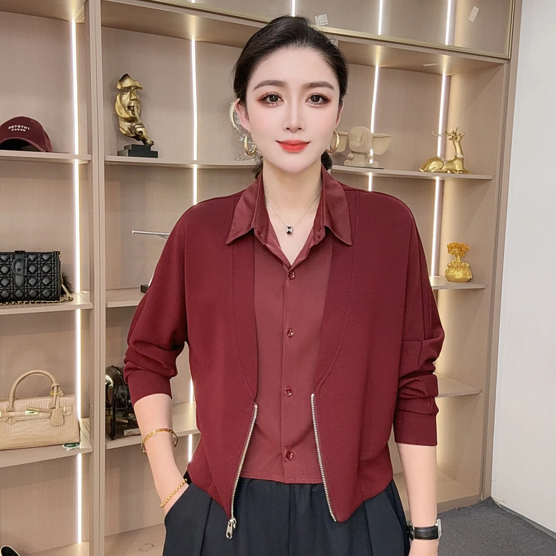【众帆女装2】衬衫领常规型拼接长袖常规款T恤简约休闲秋季