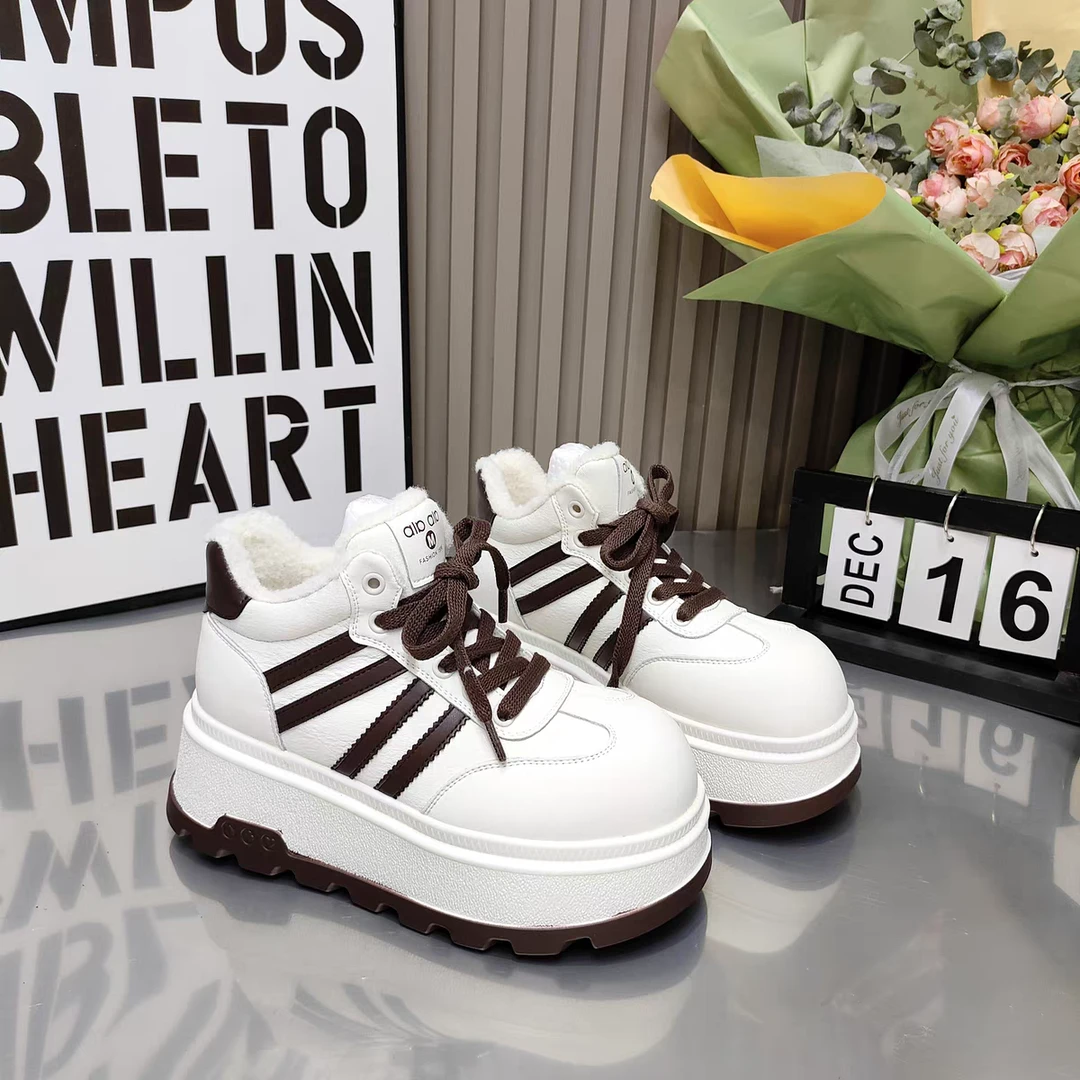 【十六号】5566厚底大白中高帮加绒小个子增高休闲棉鞋小白鞋8962