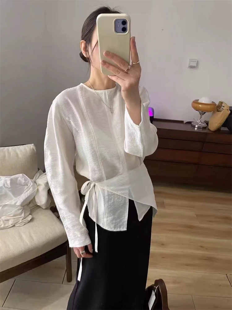 女生韩版休闲风四季通用圆领长袖纯色衬衫显瘦上衣白色宽松上衣潮