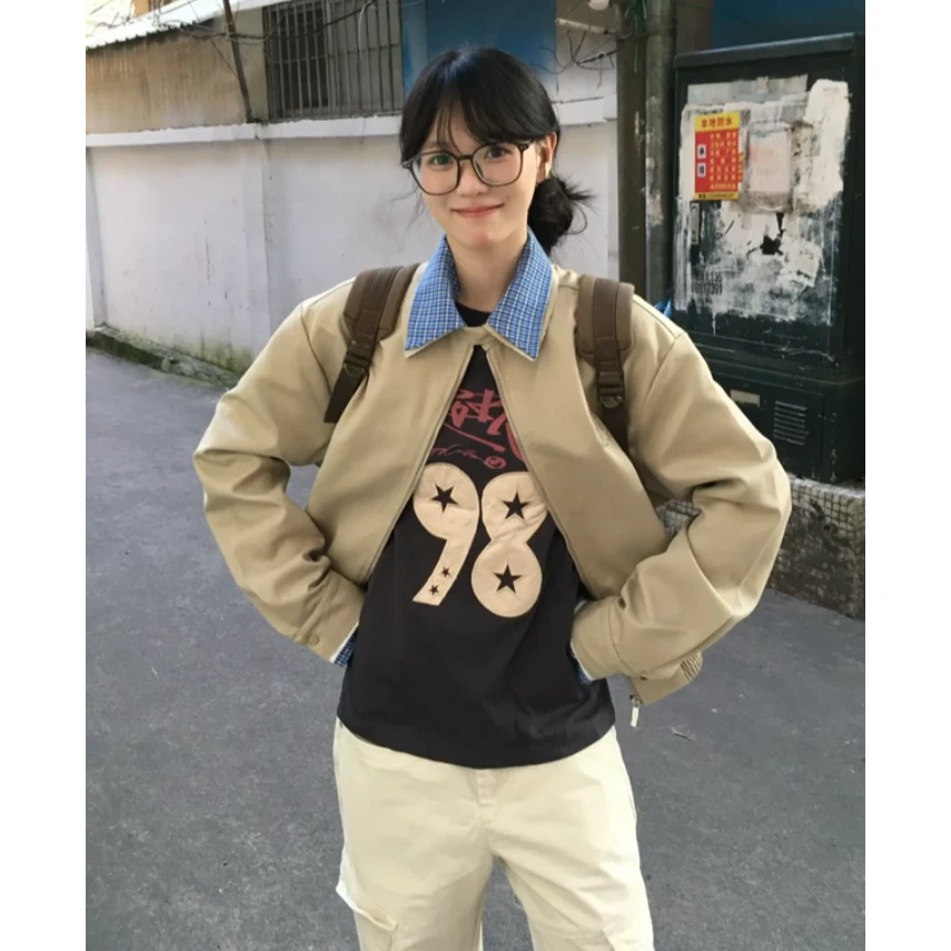 复古格子拼接短工装外套夹克女秋季韩系卡其色休闲百搭长袖上衣