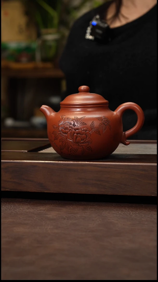 茶壶紫砂朱泥刻绘*大莲子300cc左右