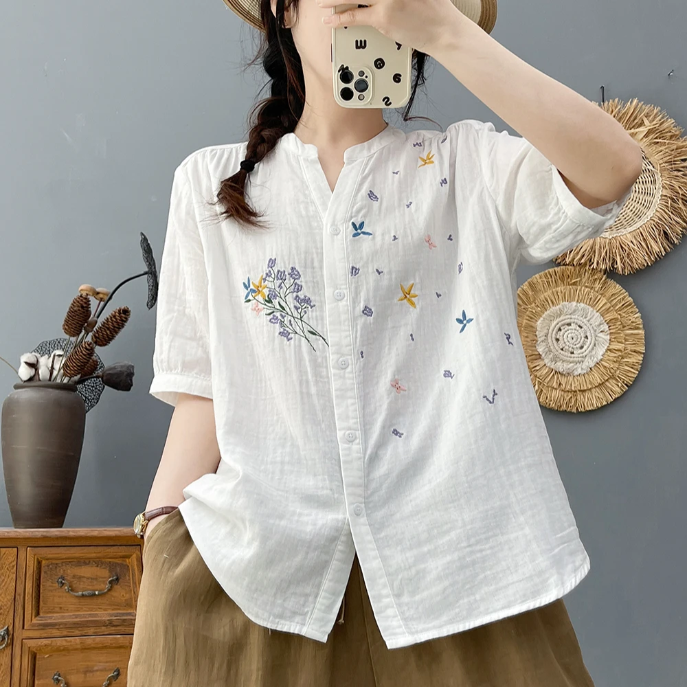 双层棉纱长袖中袖衬衫女夏秋季刺绣花亲肤透气显瘦减龄纯棉上衣