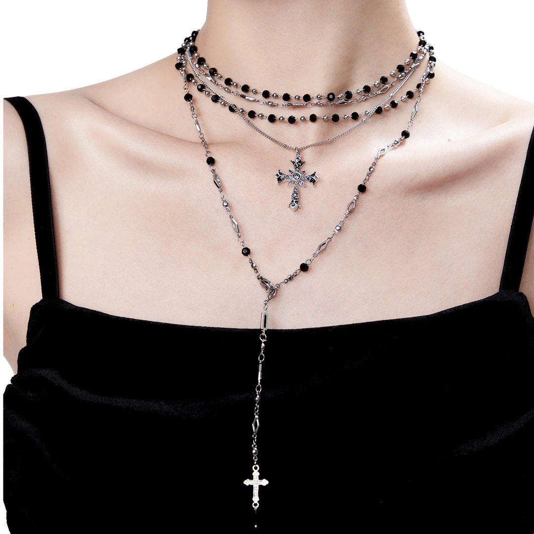 钛钢仿水晶项链 浮U生物 破碎都市原创十字架多层朋克时尚长项链