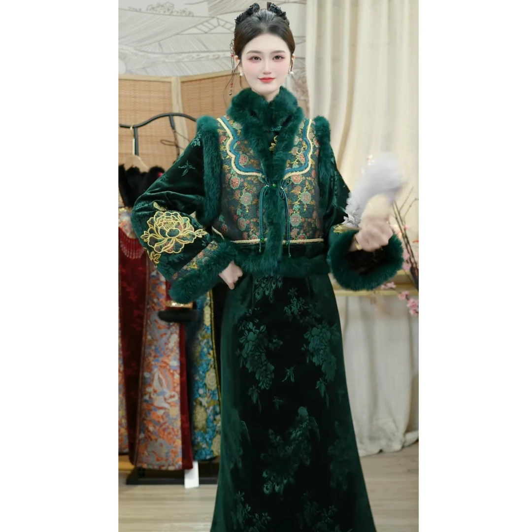 【羽唐名·柳暗花明】冬季国风加绒绿色新中式女装套装（C037+C047）