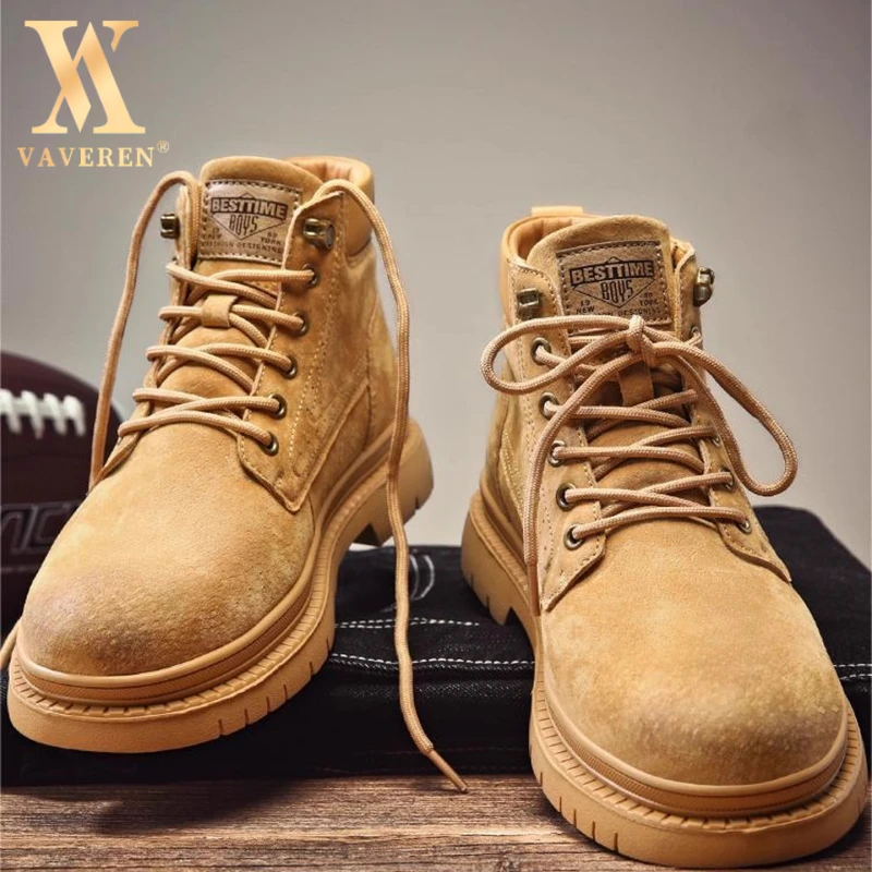 男士真皮马丁靴增高复古英伦真皮高帮秋季中帮翻毛皮大黄靴男士