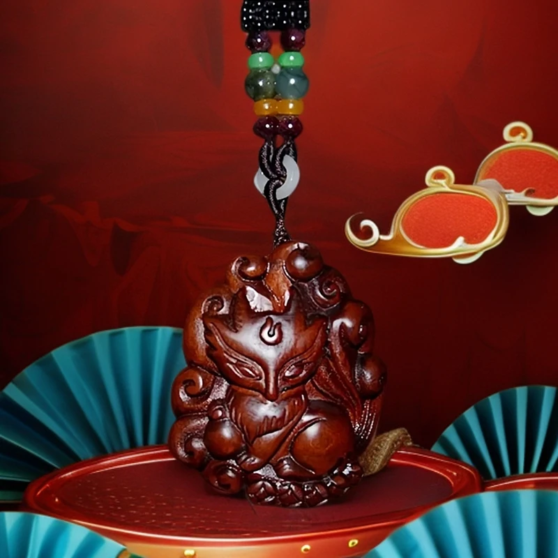 【天然已开】雷击枣木立体九尾狐牌时尚吊坠配饰找异性接桃花