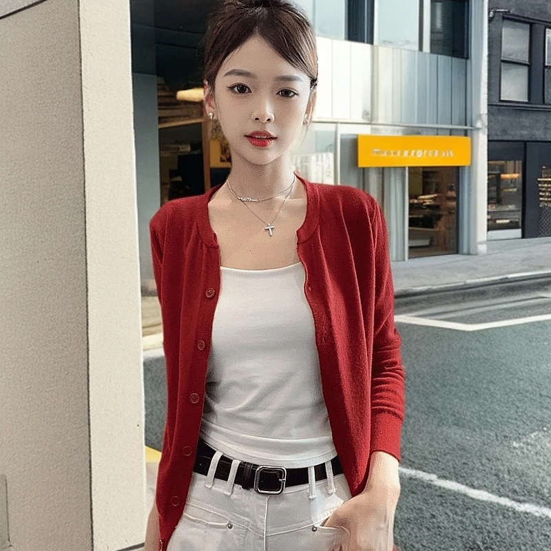 2025新款开衫长袖短款针织衫上衣女春秋季百搭修身外搭薄款外套