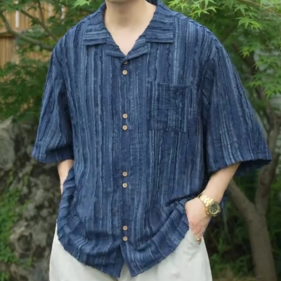 夏季新款复古条纹肌理感宽松休闲轻薄透气短袖花衬衫男