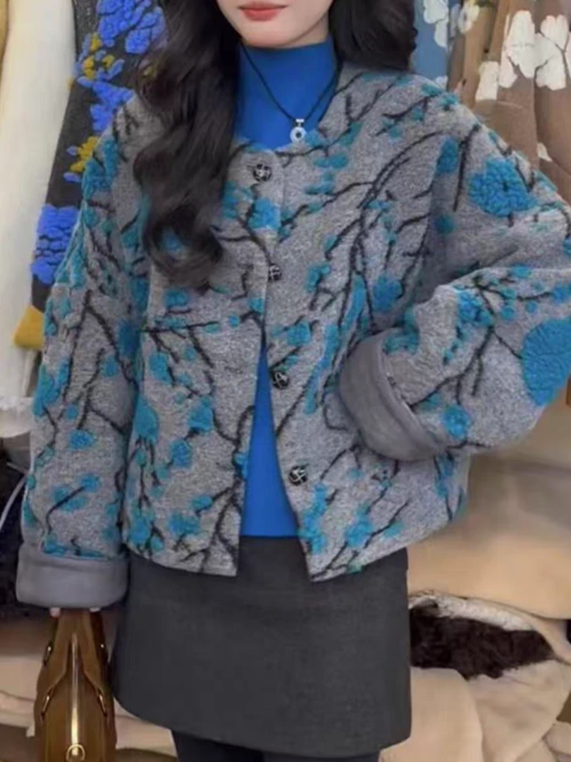 005小香风时尚外套秋冬休闲ins印花民族风短款蓝色