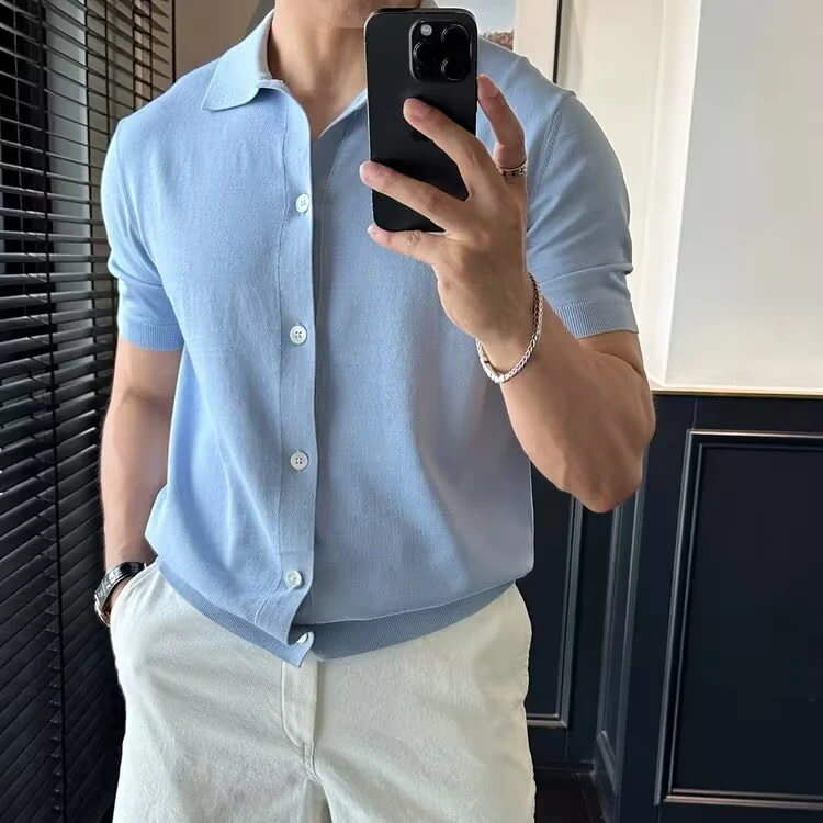 商务休闲翻领天丝混纺针织开衫男士秋季新款高端轻奢单排扣Polo衫