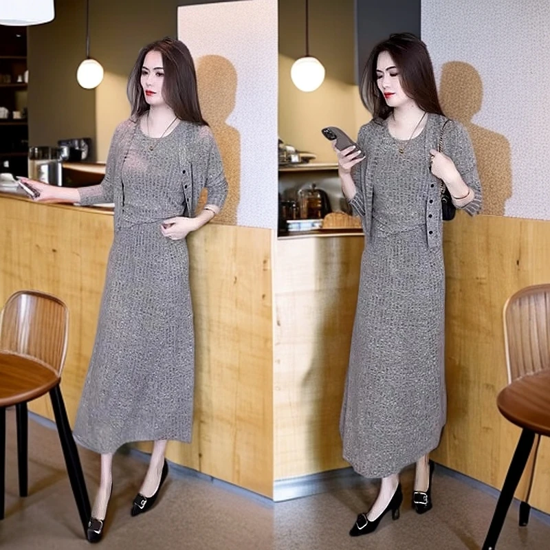 春季减龄妈妈装针织连衣裙时尚显瘦女装气质2025春秋三件套装裙子