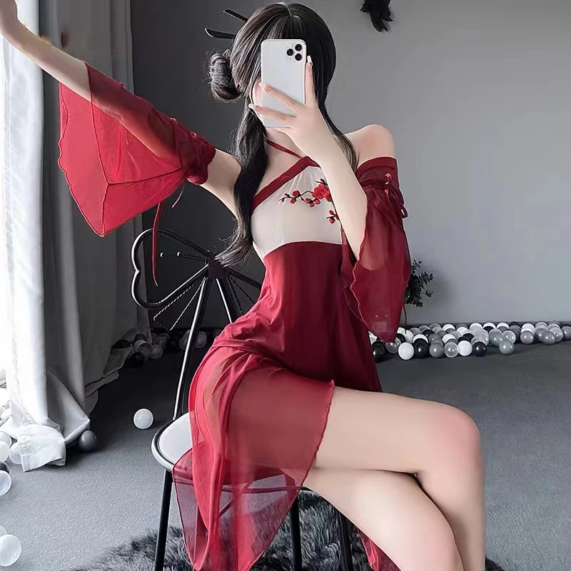 梅花弄中式古风挂脖肚兜连衣裙透明白背红色长袖性感夏季复古纯欲