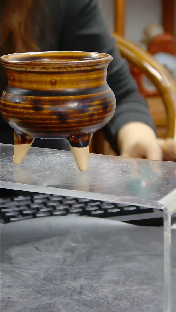 瓶耀州窑三足炉#1084#瓷器