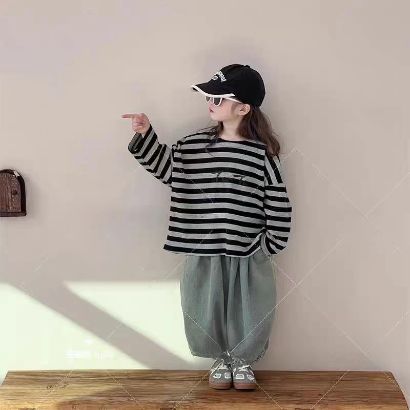 女童条纹卫衣2025春装新款儿童套头百搭上衣韩版休闲牛仔裤套装潮