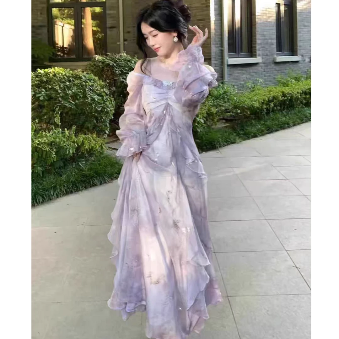 大码春季氛围感气质仙女裙子紫蝴蝶荷叶边长袖轻奢连衣裙10830