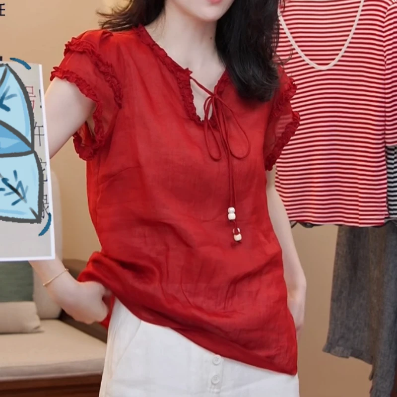 2025韩系减龄系带木耳边短袖衬衣LK2504115