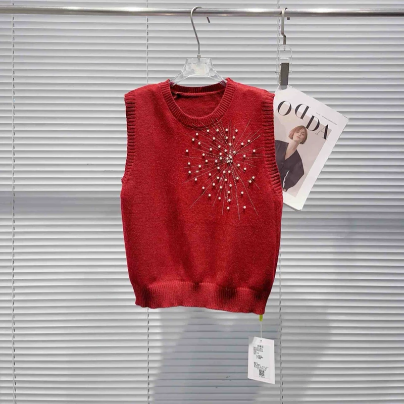 女士钉珠女装上衣休闲马甲秋季秋冬镂空马夹百搭圆领无袖网红