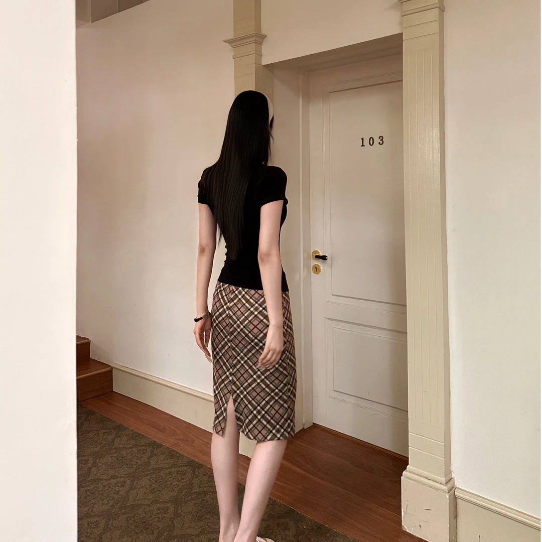 复古格纹性感包臀中长裙女夏季新款设计感高腰显瘦后开叉半身裙