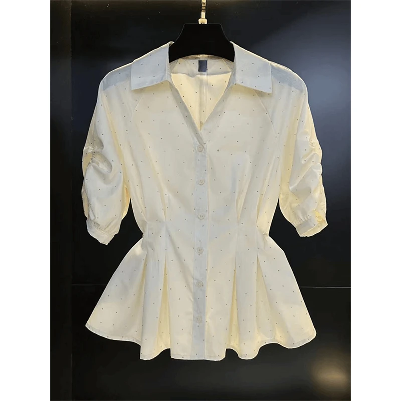 法式Polo领白色短袖衬衫女2025新款夏季显瘦收腰气质裙摆衬衣上衣