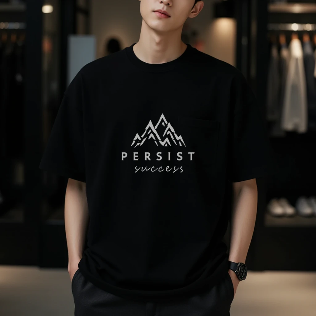 山脉印花230克纯棉宽松圆领小落肩短半袖T恤夏季男士男士t恤短袖