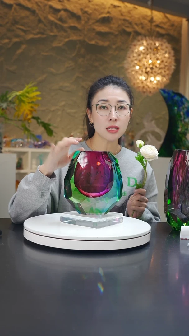 手工艺品琉璃~*七彩设计款花器小号带大号底座