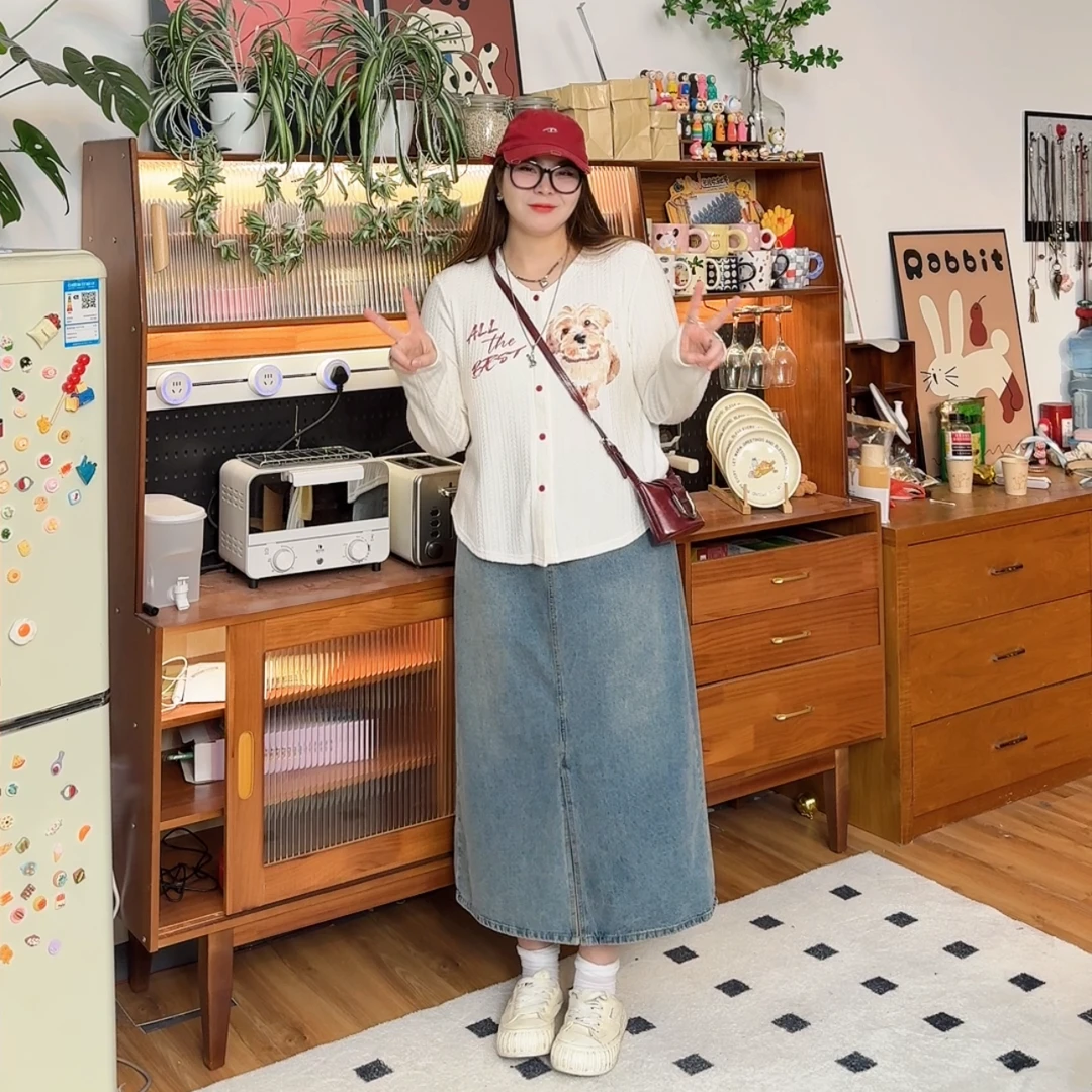 2025春装新款胖mm大码女百搭修身开衫卡通印花长袖T恤上衣21313