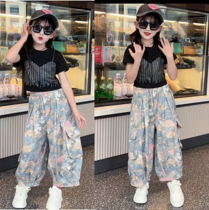 女童夏季套装2025新款儿童夏装中大童玫瑰花工装灯笼裤背心两件套