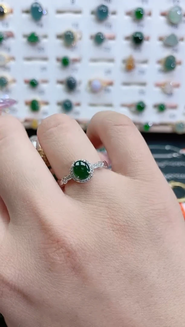 银S925镶嵌戒指翡翠 天然翡翠