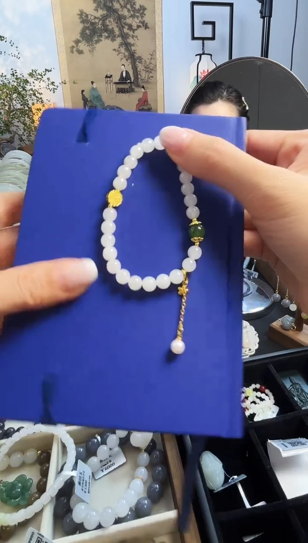 未镶嵌手链和田玉白玉手串带镶嵌卡6mm天然和田玉