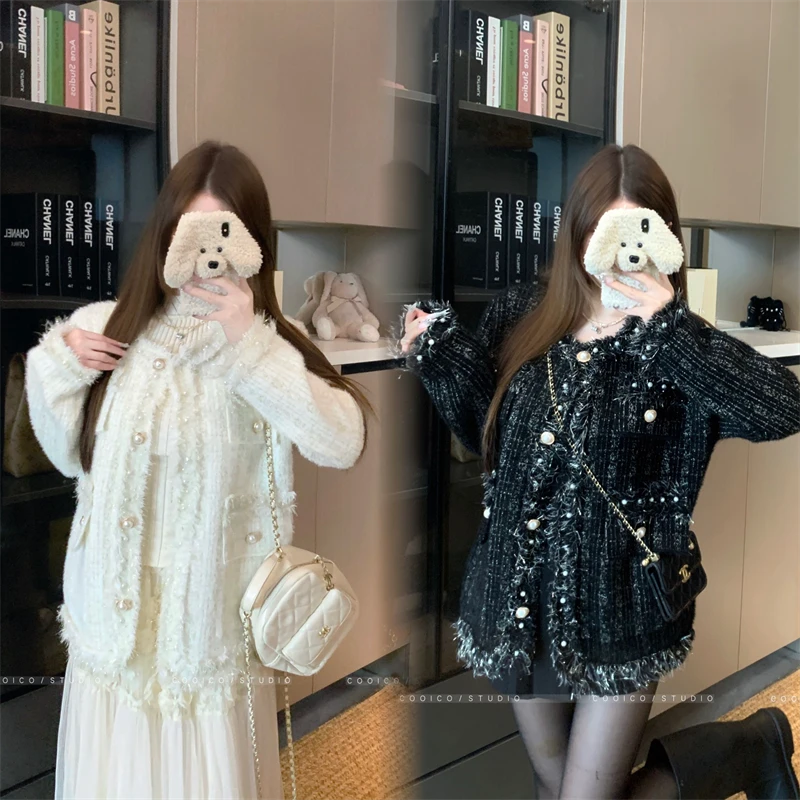 大码女装秋冬胖妹妹小香风外套重工流苏手工钉珠仿水貂绒微胖开衫