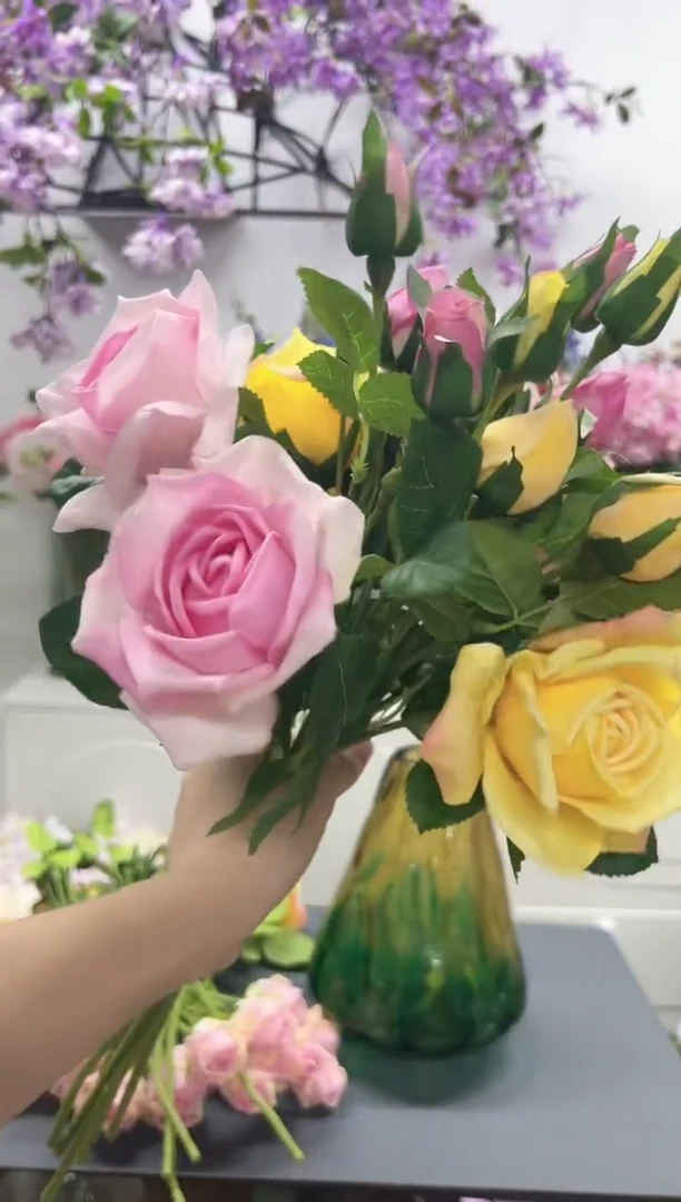 3枝粉色3枝黄色手感保湿妃子玫