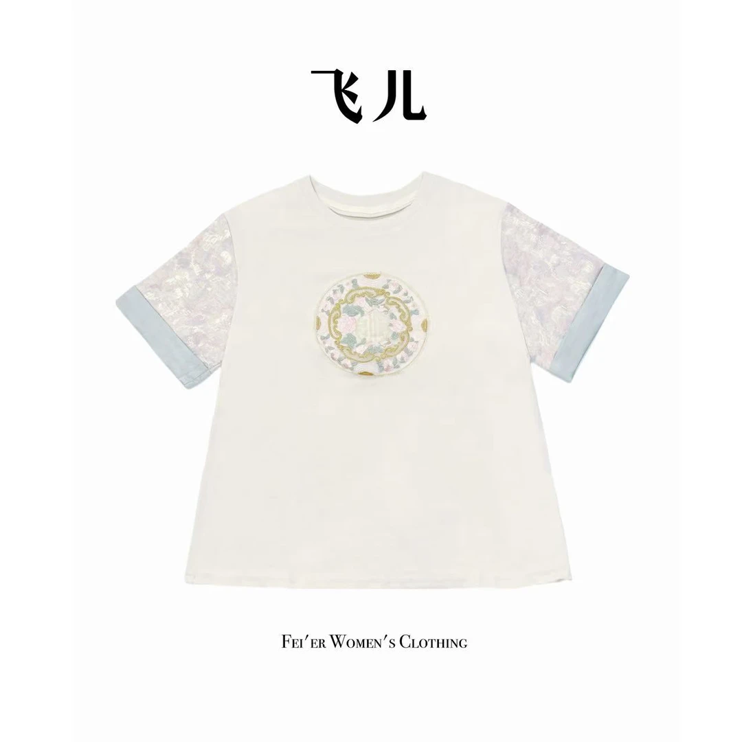 飞儿【青花瓷】春夏新中式圆领重工刺绣百搭T恤