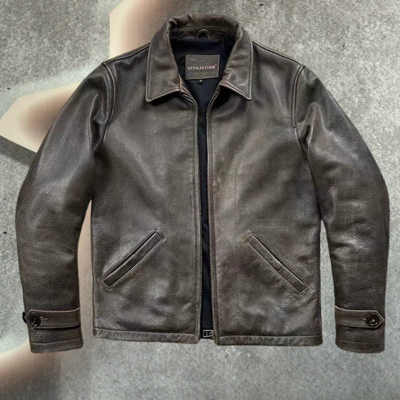 德普1940美式复古皮夹克龟裂纹无涂牛皮外套秋冬男士翻领真皮皮衣