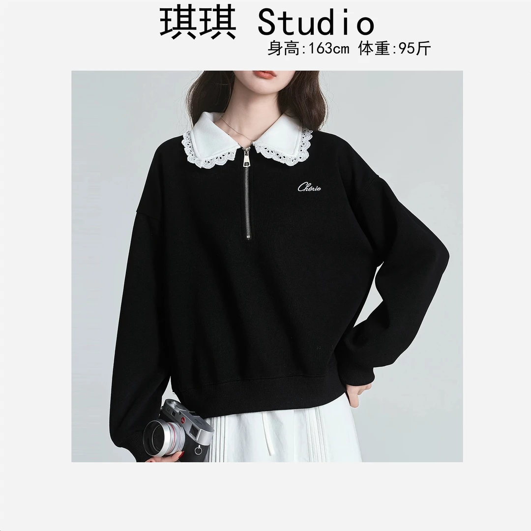 早春新款甜美洋气显瘦减龄半拉链刺绣字母花边翻领减龄上衣1942-G