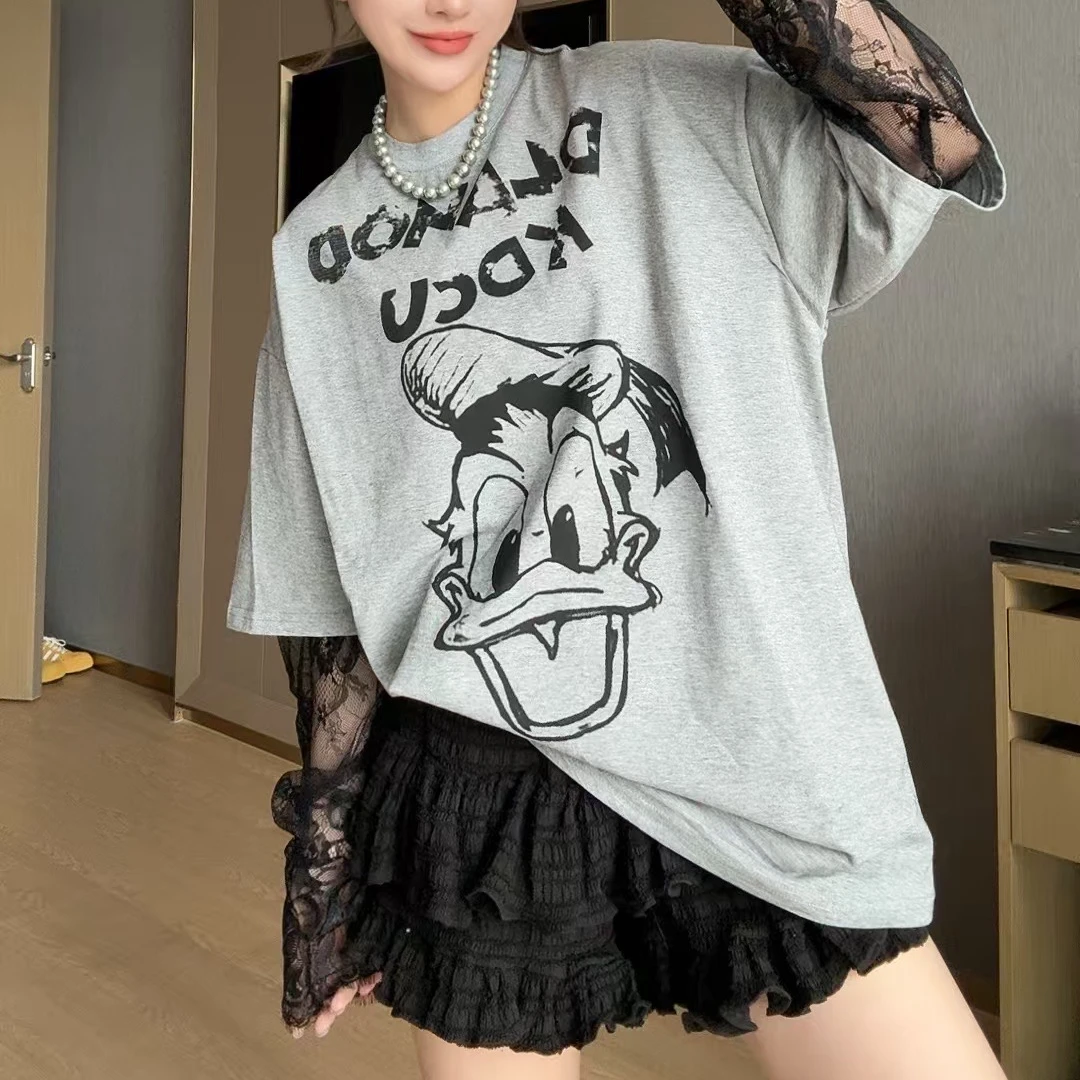 2025春新款时尚个性卡通印图减龄百搭撞色拼接袖设计感圆领T恤潮