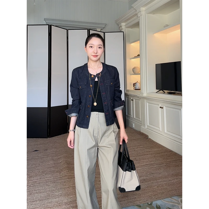 郭九九呢 棉圆领简约显瘦牛仔外套简约休闲直筒阔腿裤 G925Z13768