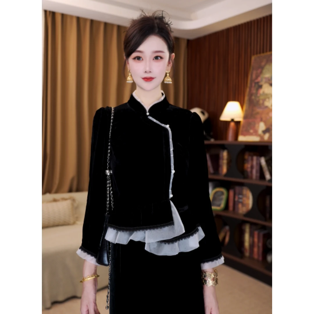 【梵星】满分桑蚕丝新中式国风显瘦气质丝绒上衣LY-G8709