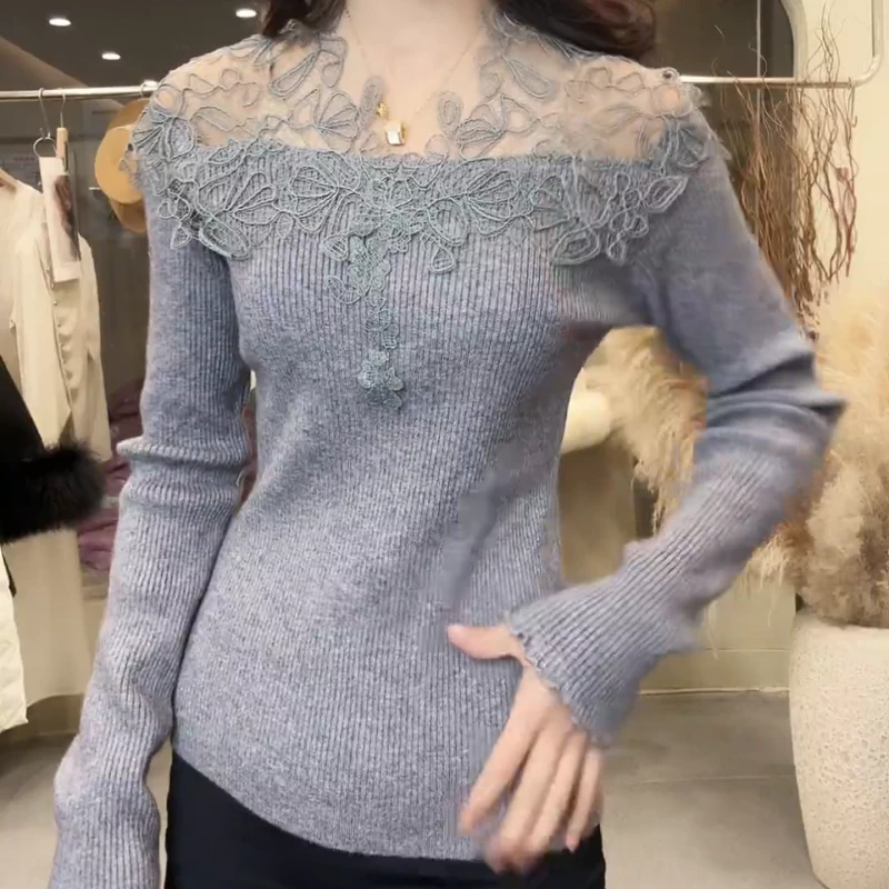 秋冬温柔风蕾丝拼接毛衣女百搭修身显瘦针织衫上衣LK2508570