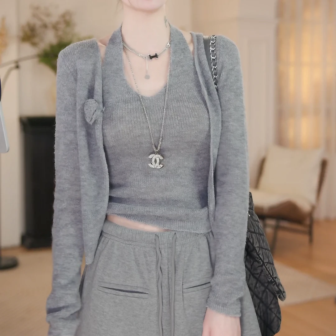 2025秋季真两件套针织衫背心加针织开衫外套简约上衣女LK2505917