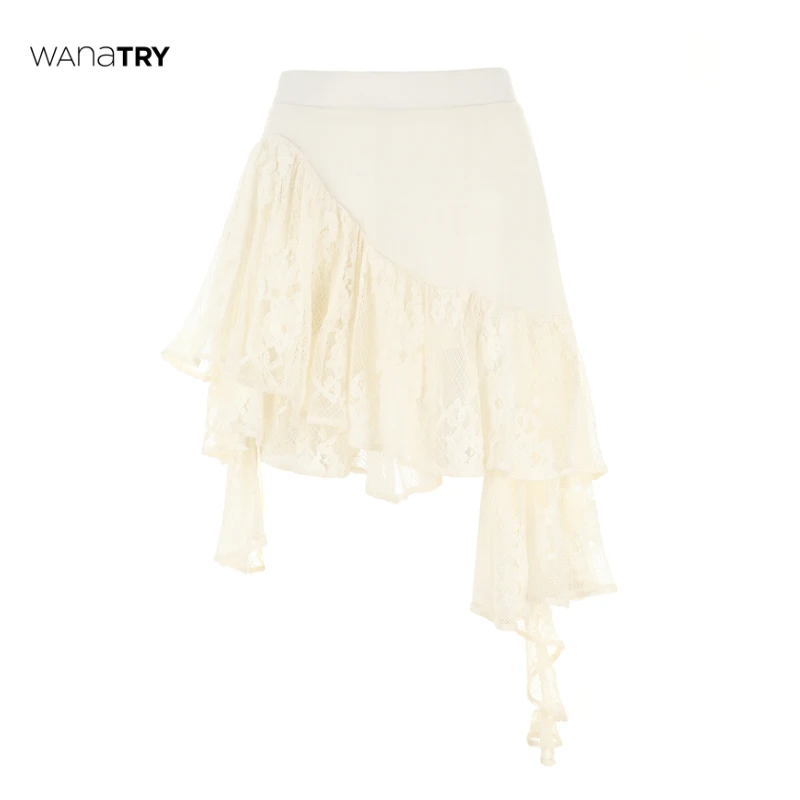 【自播专享】Wana Try奶白色下摆不对称流浪感蕾丝半裙（早春新品）