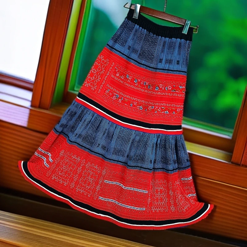 【苗韵】苗绣手工老绣民族风百褶松紧腰裙半身裙女士绣花民族舞