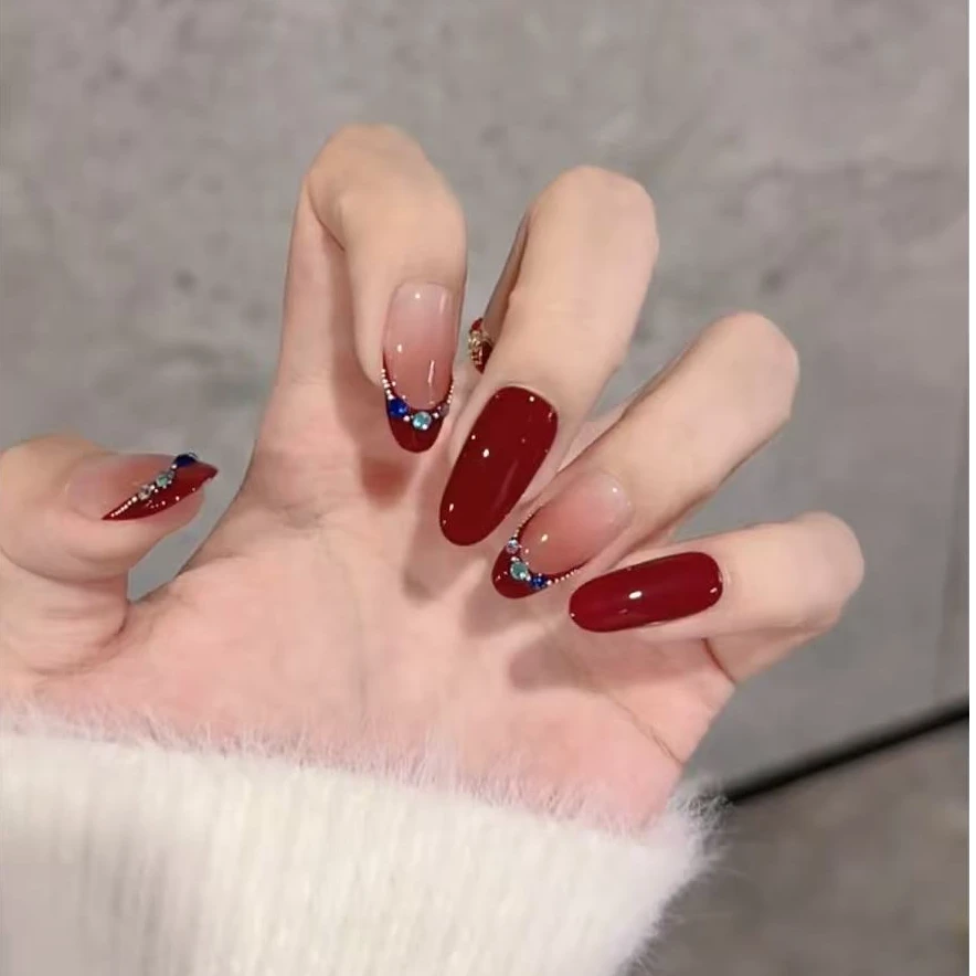 【新年礼物】红法式彩钻美甲纯手工高级显白穿戴甲贴片美甲